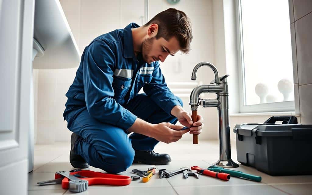 صورة لفني صحي محترف يعمل داخل منزل في منطقة القادسية بالكويت، يقوم بإصلاح وصيانة أعمال السباكة باستخدام أدوات متخصصة. تظهر الأنابيب والأدوات الصحية أثناء الفحص والتركيب، مما يعكس جودة التنفيذ واحترافية خدمات الفني الصحي المقدّمة في المنطقة.