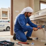 فني سباكة طوارئ يركض مسرعاً حاملاً صندوق أدواته نحو منزل في الكويت