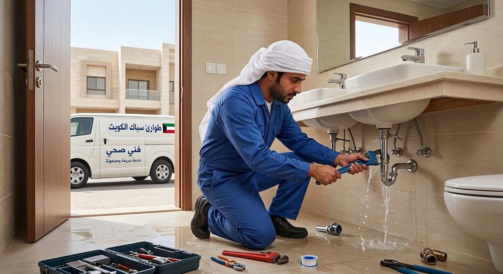 فني سباكة طوارئ يركض مسرعاً حاملاً صندوق أدواته نحو منزل في الكويت