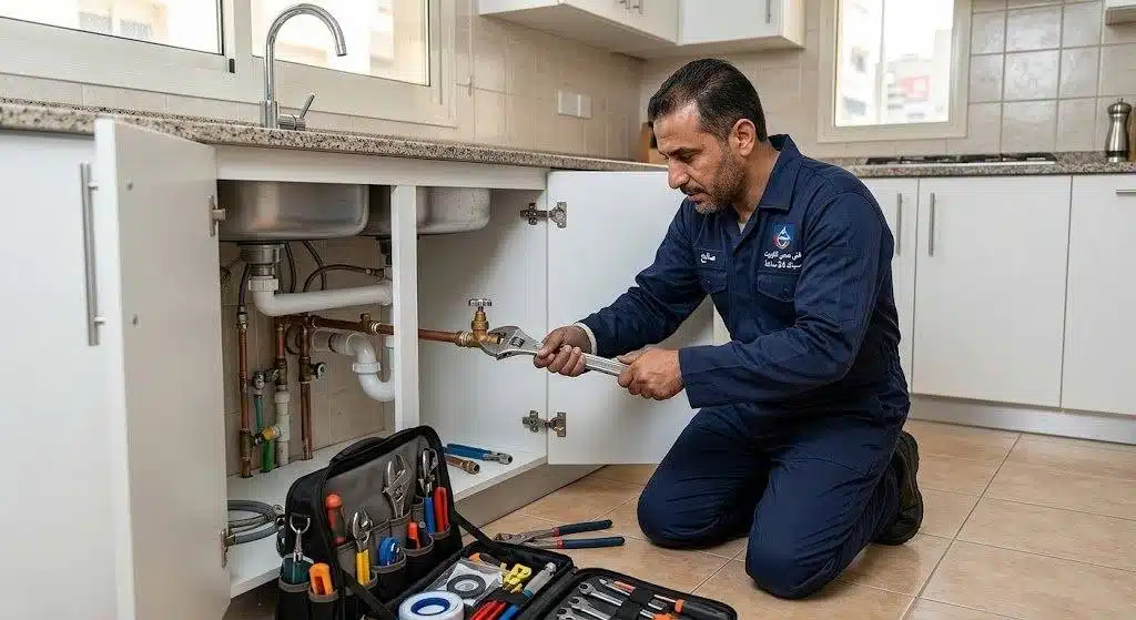 فني صحي الكويت يعالج خط التغذية في منزل بالكويت