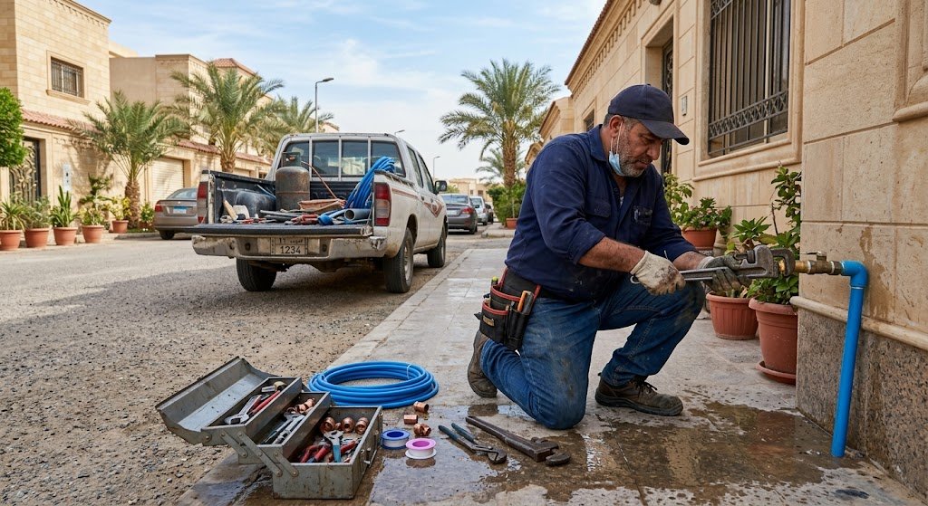 فني سباك صحي محترف يقوم بصيانة وتأسيس شبكات السباكة بدقة عالية داخل حمام في منطقة الجهراء بالكويت لضمان كفاءة تدفق المياه